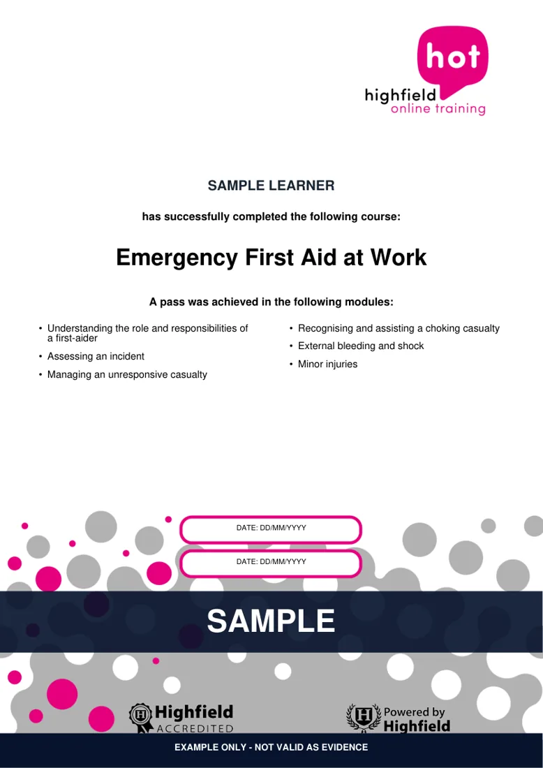Sample Highfield First Aid e-learning certificate