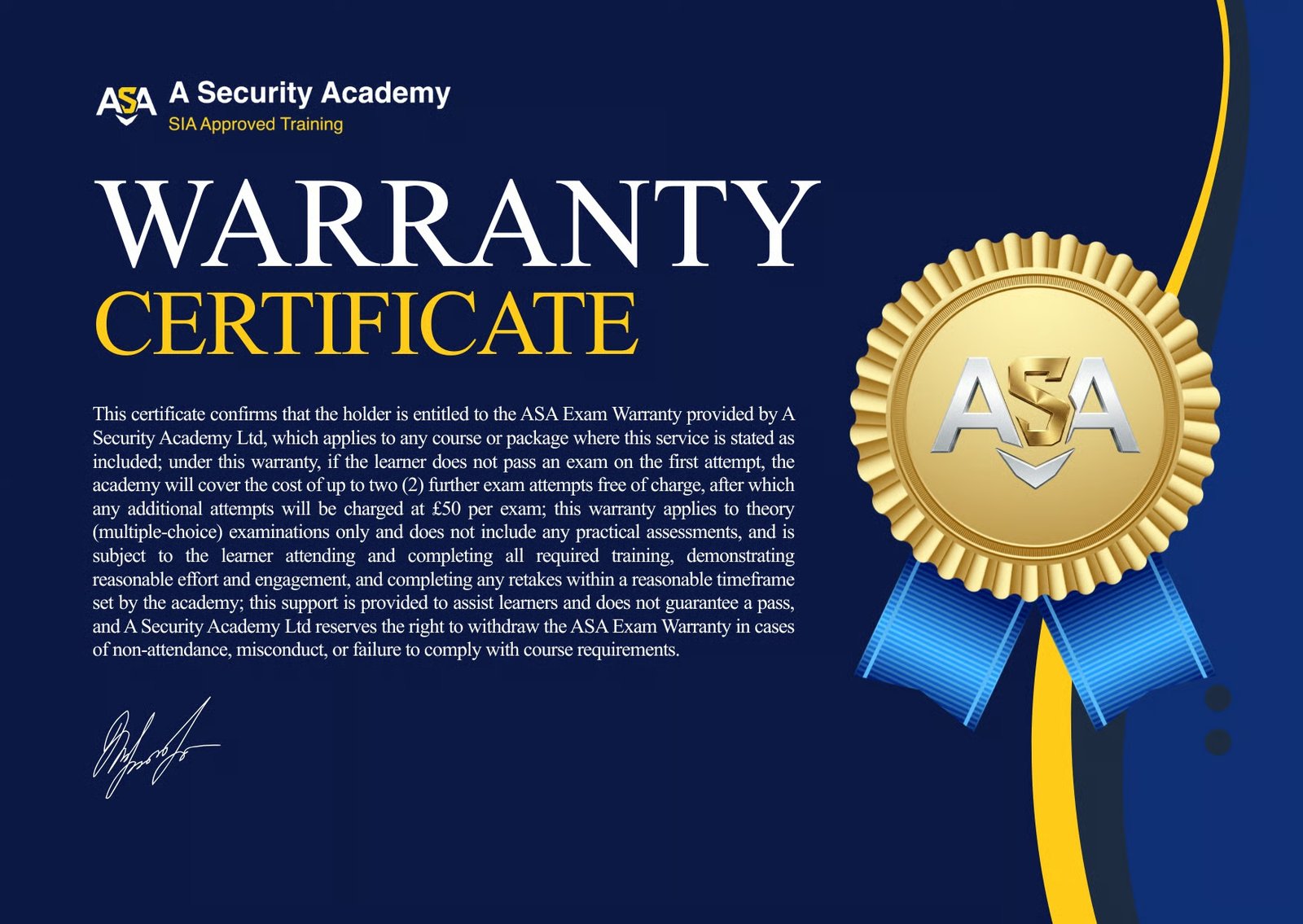 The ASA Exam Warranty certificate, full size