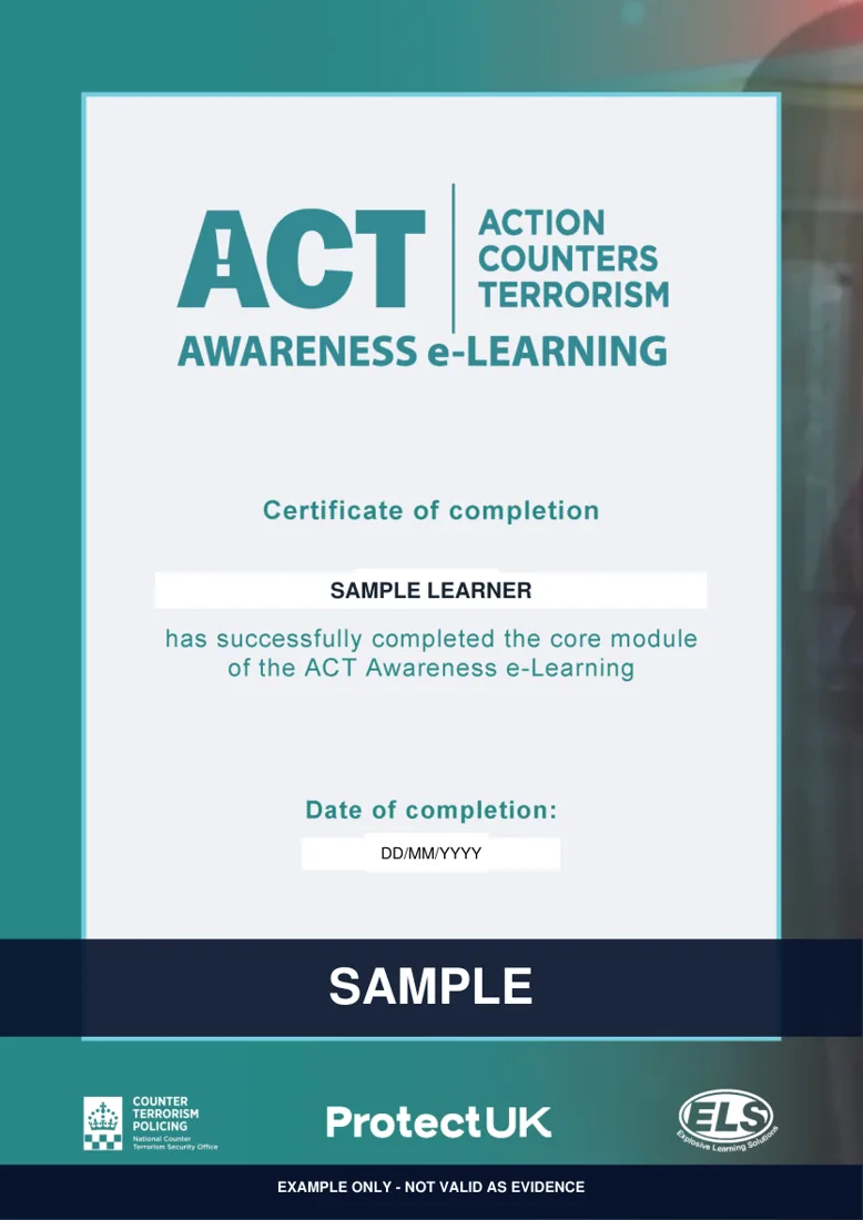 Sample ACT Awareness certificate