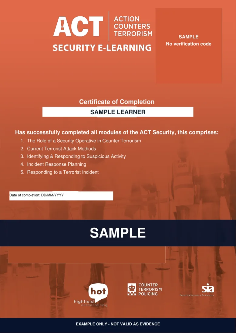 Sample ACT Security certificate