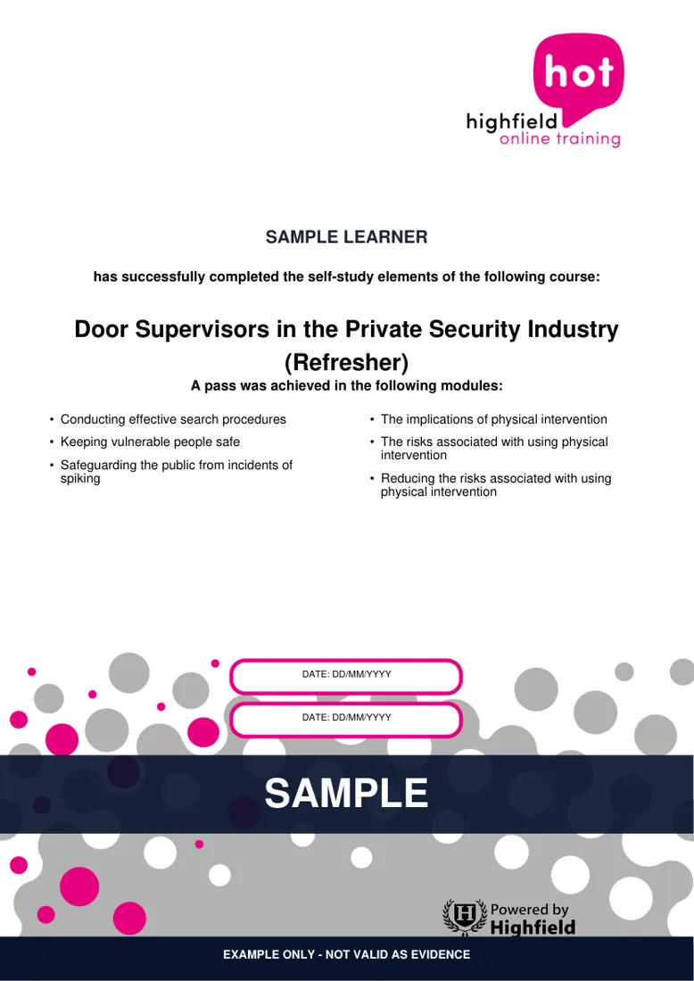 Sample Highfield Security e-learning certificate