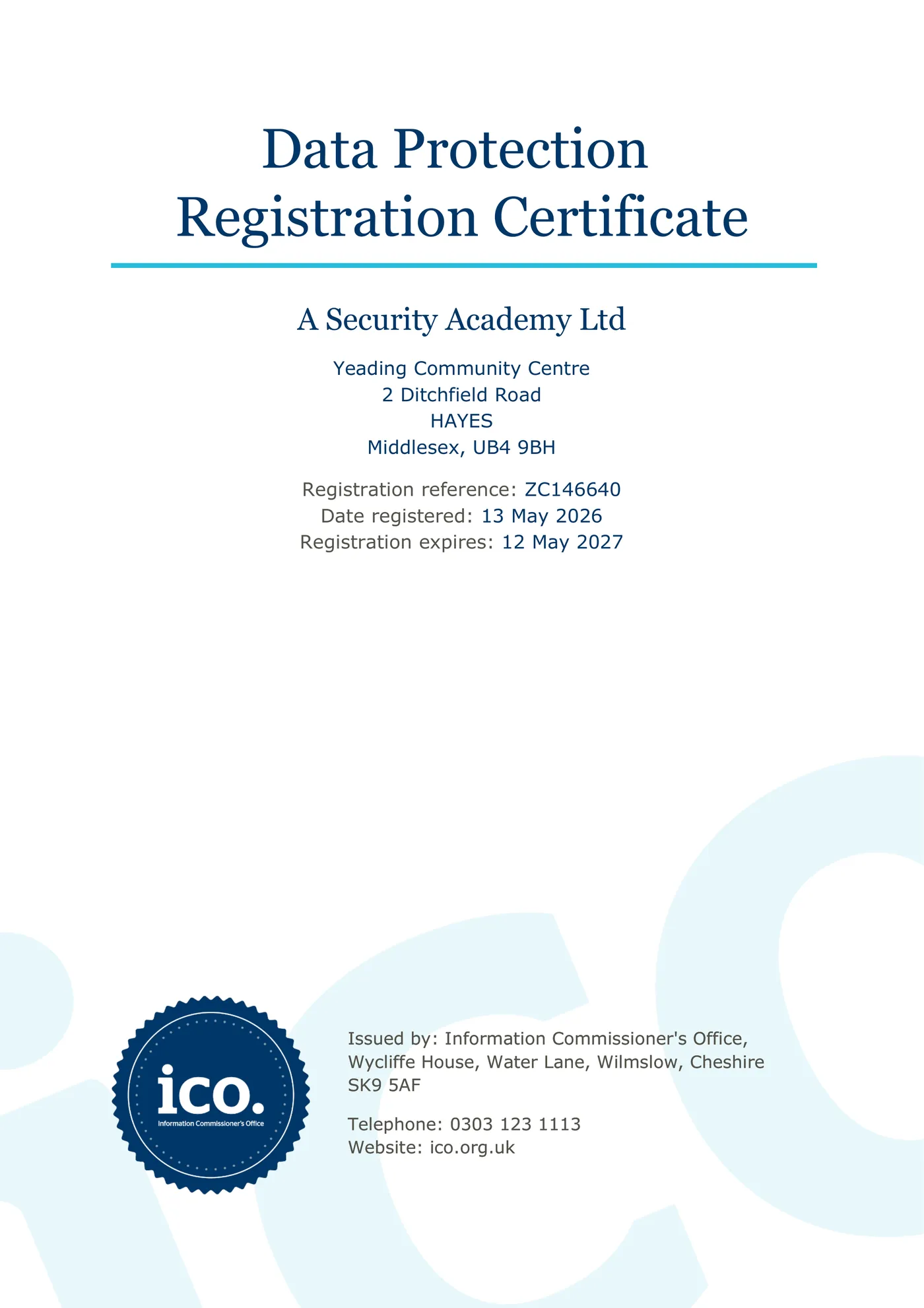 ICO Data Protection Registration Certificate for A Security Academy Ltd, reference ZC146640, registered 13 May 2026, expires 12 May 2027